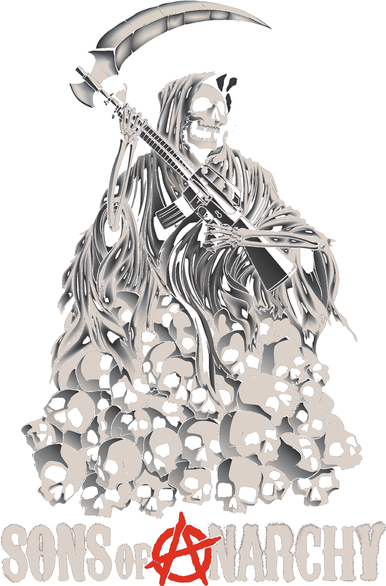 A Skeleton Holding A Gun And A Pile Of Skulls