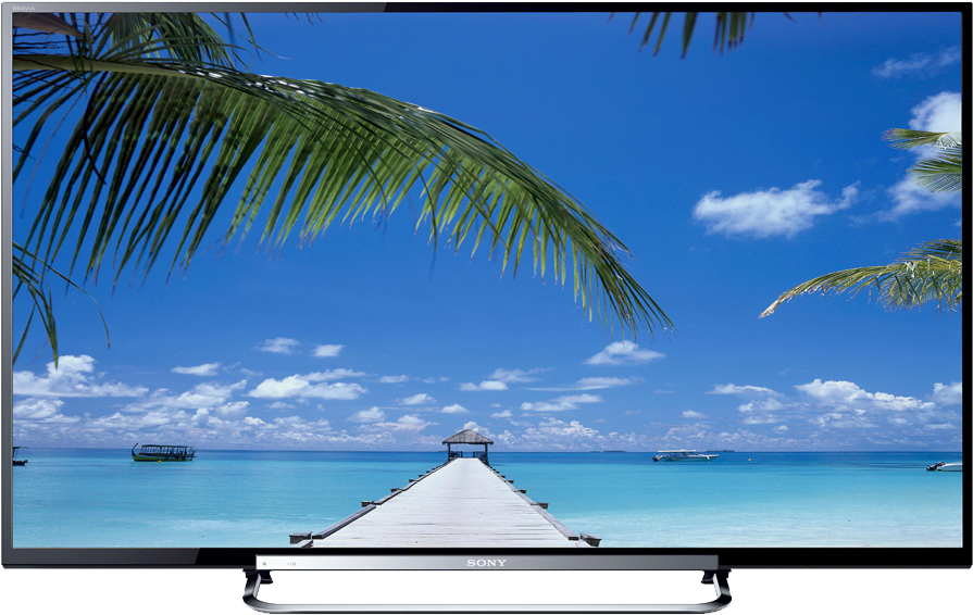 A Television Screen With A Dock Leading To A Body Of Water