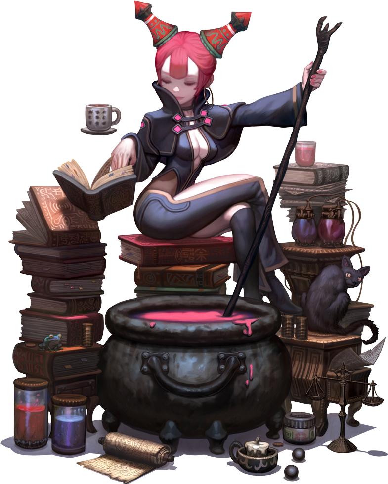 A Cartoon Of A Woman Sitting On A Stack Of Books And A Magic Pot