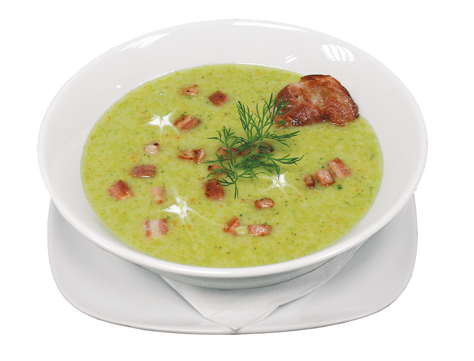 A Bowl Of Soup With Bacon And Dill