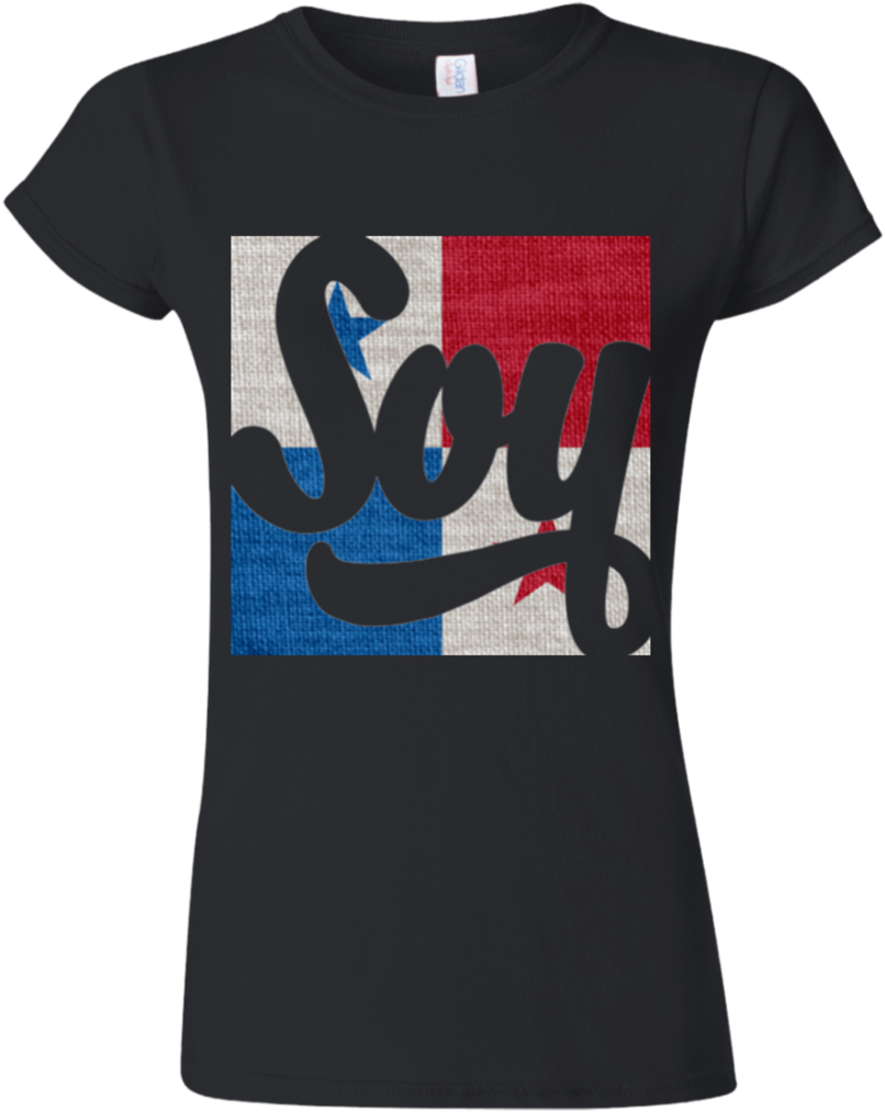 A Black Shirt With A Red White And Blue Square With A Black Text