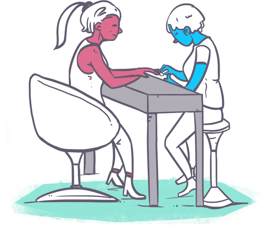 A Cartoon Of Two Women Sitting At A Table