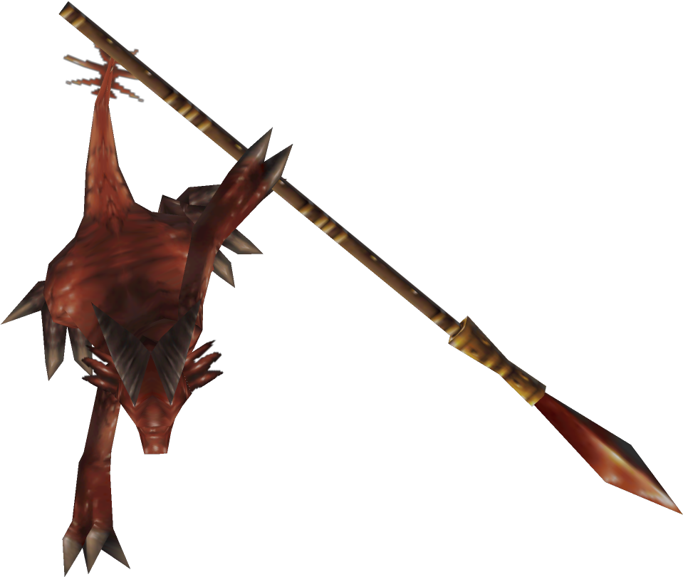 A Red Dragon With Sharp Spikes And A Long Stick