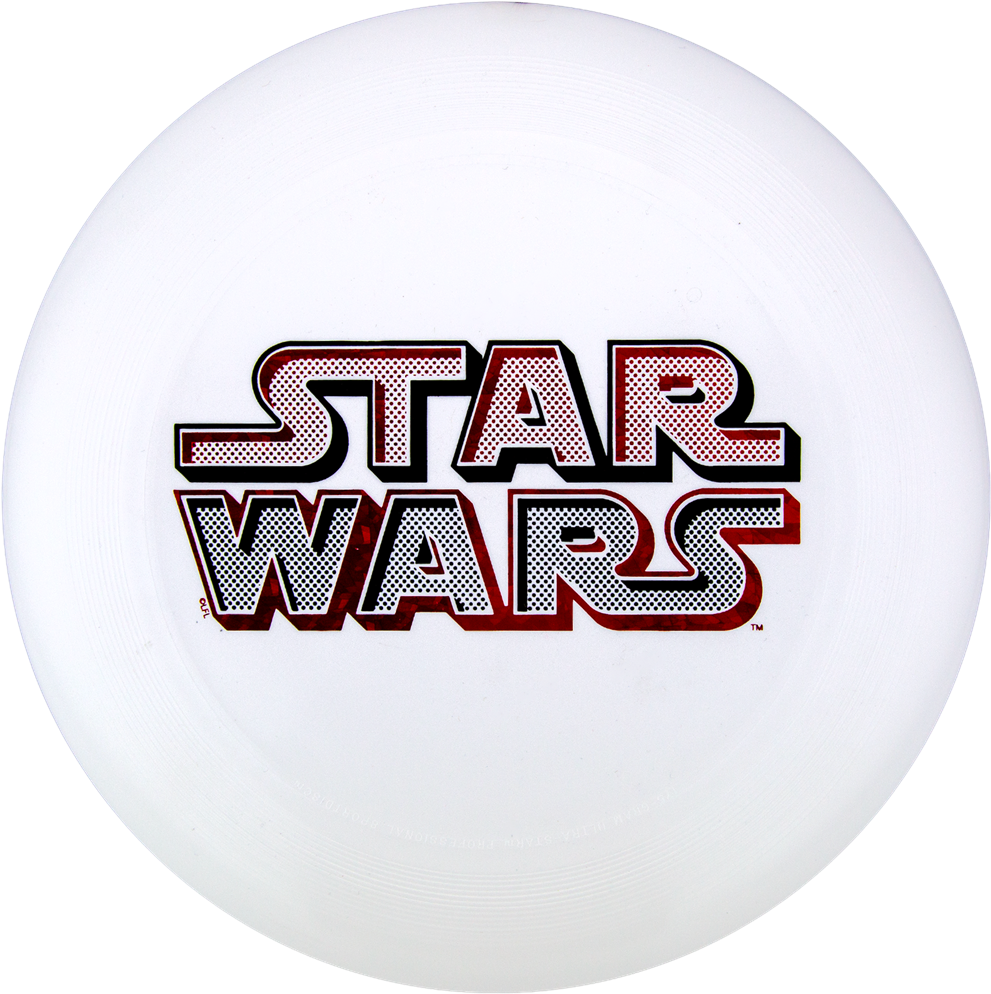 A White Frisbee With Red And White Text