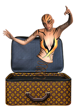 A Woman With Body Paint And A Spring Coming Out Of A Suitcase