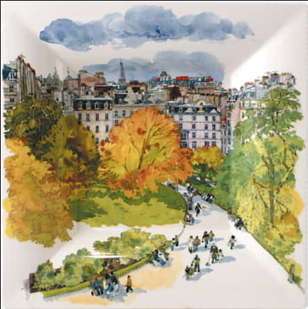 A Square White Plate With A Painting Of A City