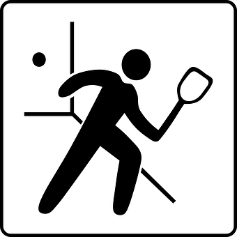 A Black And White Sign With A Person Holding A Racket