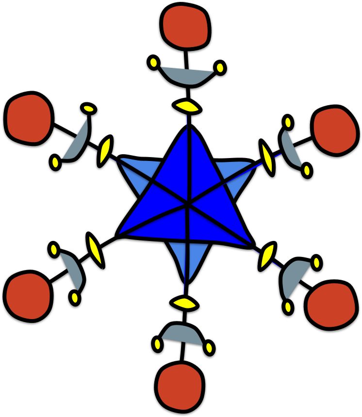 A Blue Star With Yellow And Red Circles And Dots