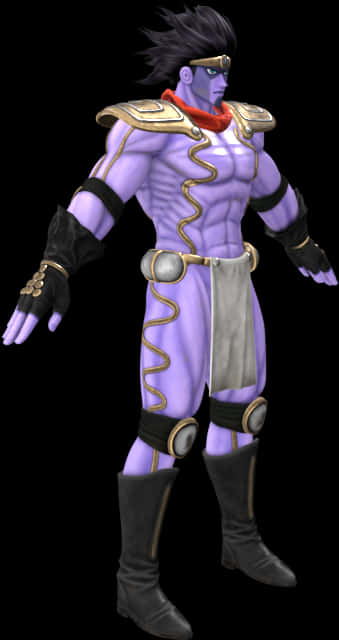 A Purple Character With A White Belt And Black Gloves