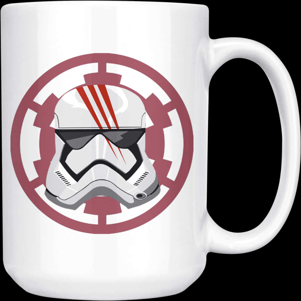 A White Mug With A White Helmet And Red Stripes