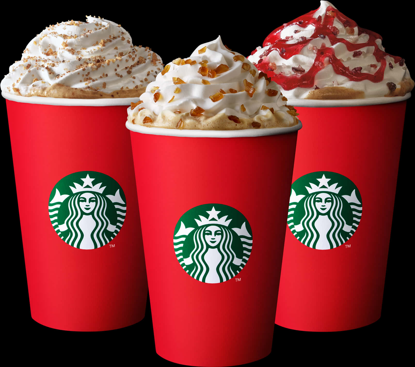 A Group Of Red Cups With Whipped Cream And Toppings