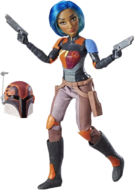 A Action Figure Of A Woman With Blue Hair Holding Guns