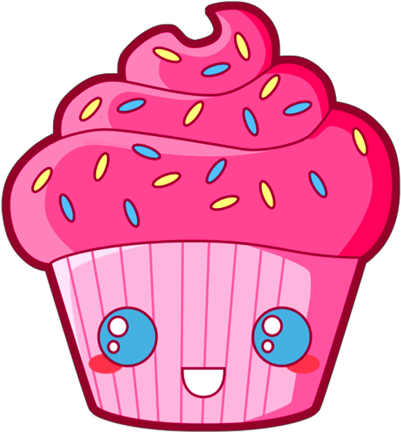A Cartoon Cupcake With Pink Frosting And Blue Eyes