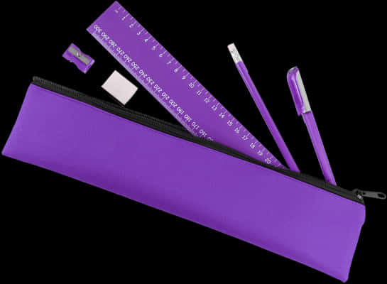 A Purple Pencil Case With A Ruler And Pencils