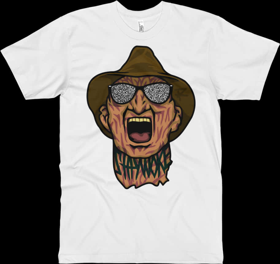 A White T-shirt With A Cartoon Of A Man Wearing A Hat And Sunglasses