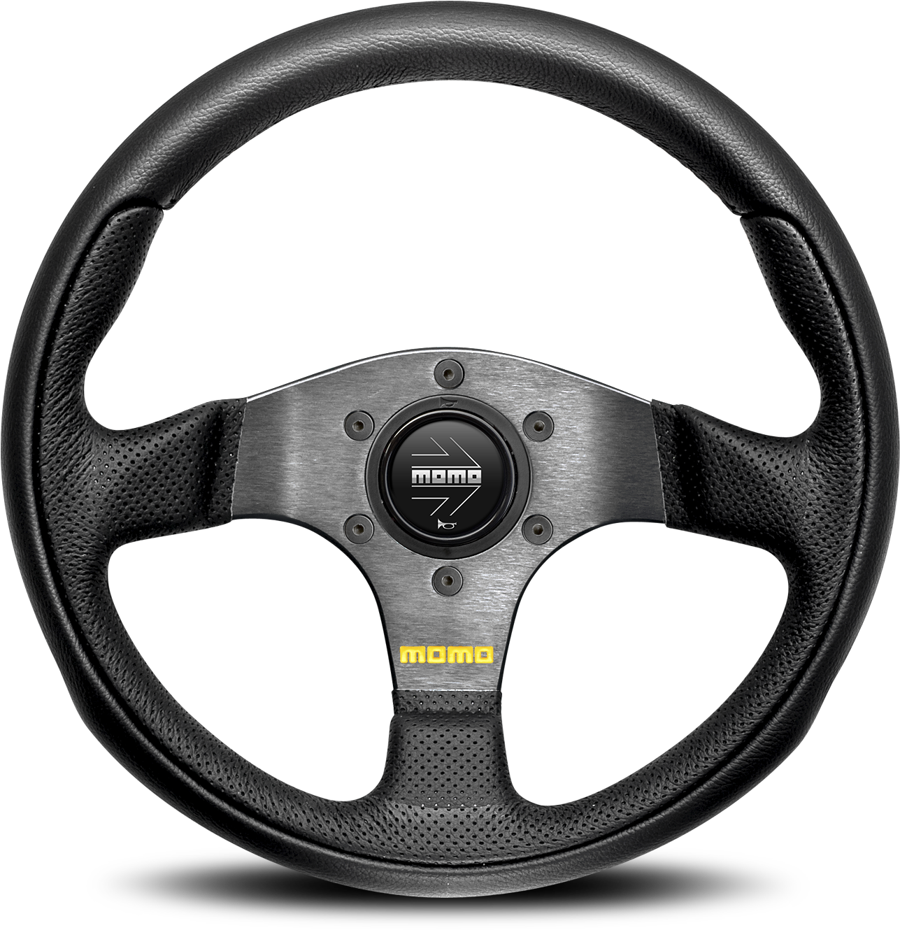 A Black Steering Wheel With A Black And Silver Center
