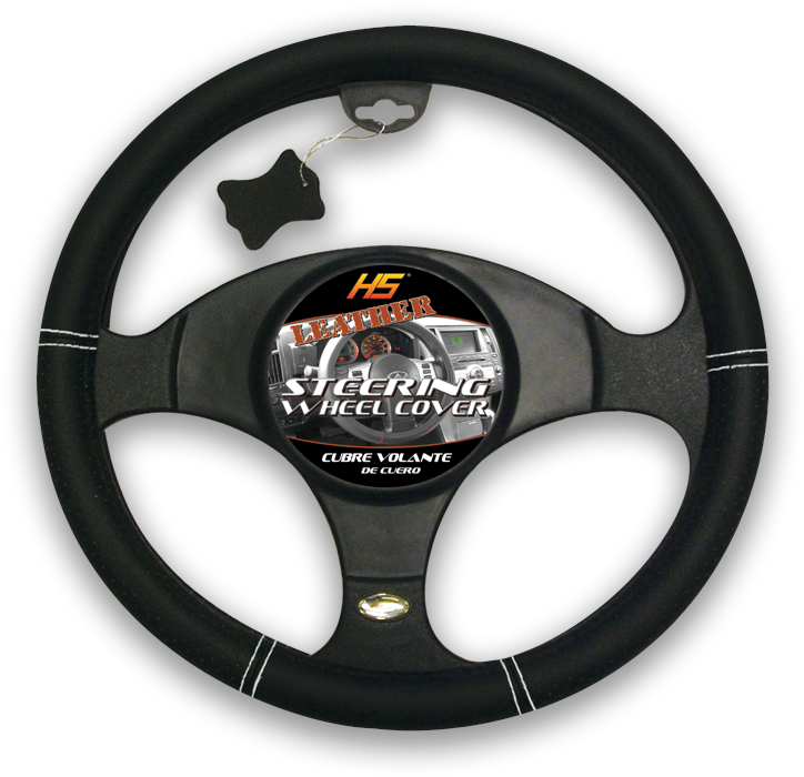 A Black Steering Wheel With A Black And White Logo