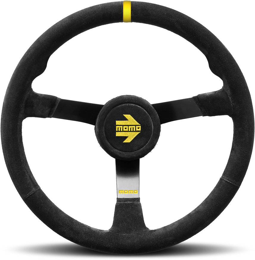 A Black Steering Wheel With Yellow Stripes