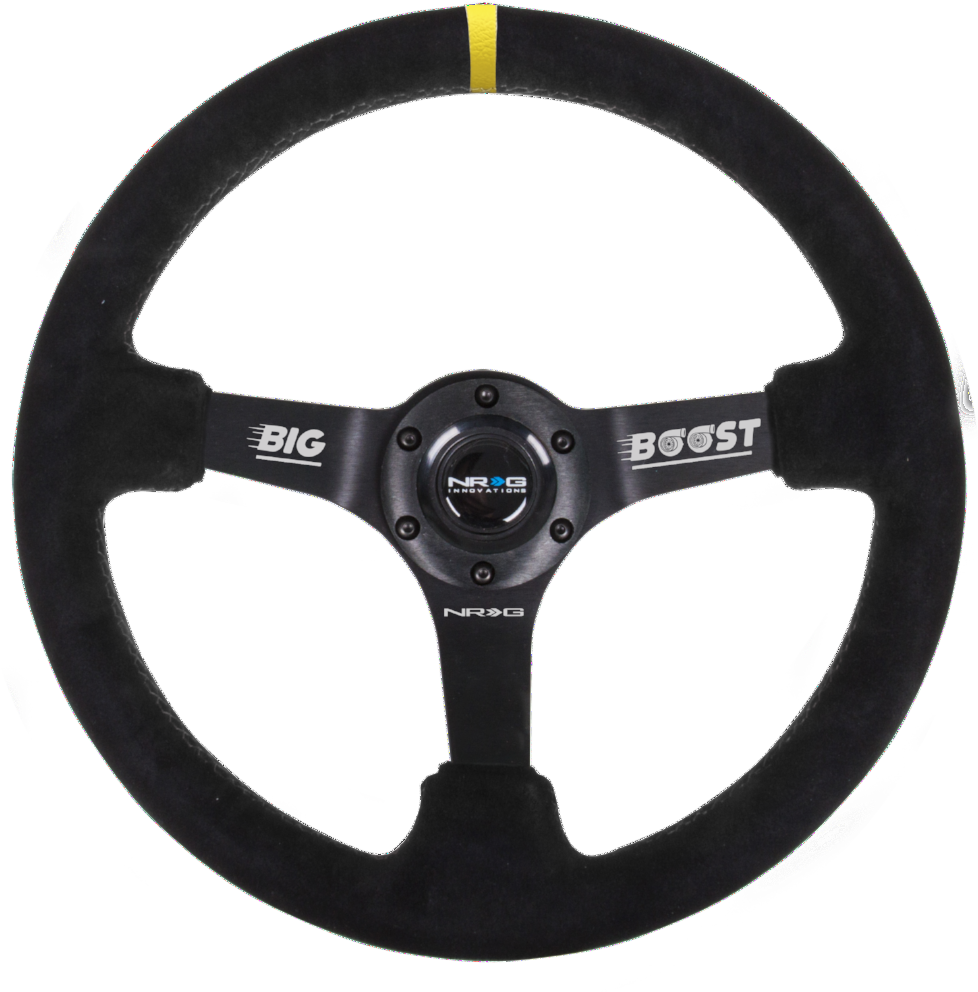 A Black Steering Wheel With A Yellow Stripe