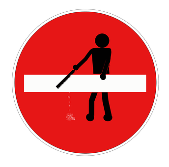 A Red Sign With A Black And White Circle With A Saw Cutting A White Line