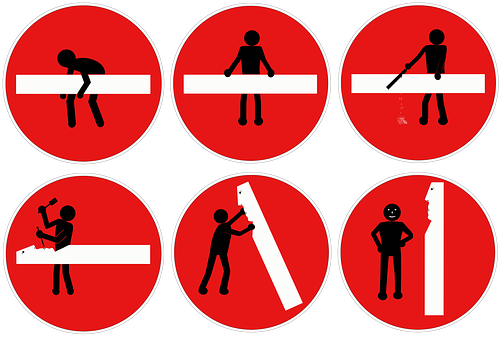 A Group Of Signs With People Holding A Stick Figure
