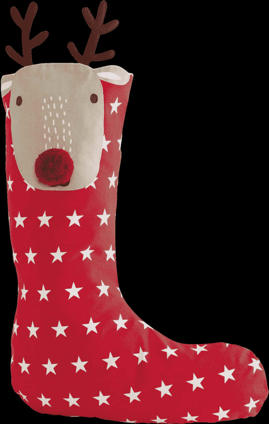 A Red Sock With White Stars And A Reindeer Face