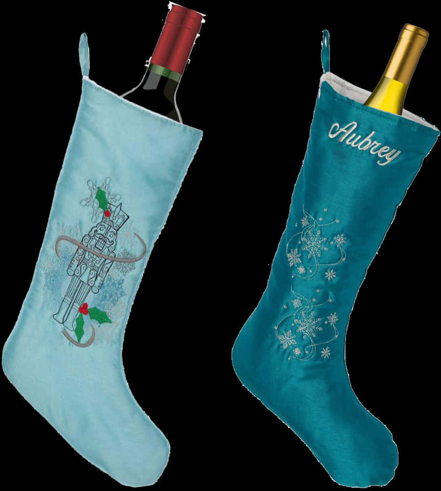A Pair Of Blue And Green Stockings With Wine Bottles Inside