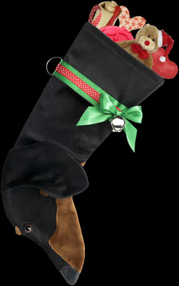A Black And Green Stocking With A Bell And A Red And Green Ribbon