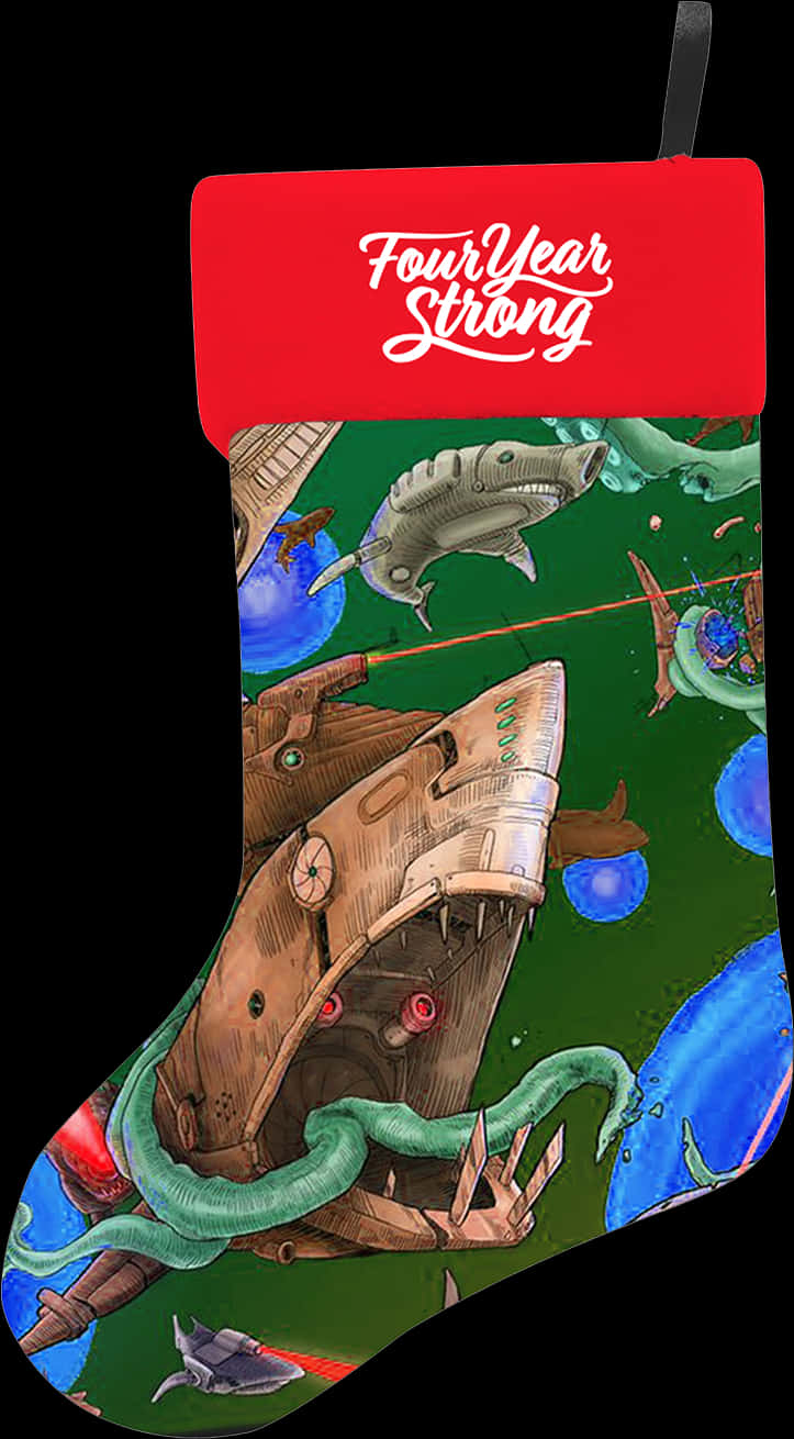 A Christmas Stocking With A Drawing Of A Ship And Fish
