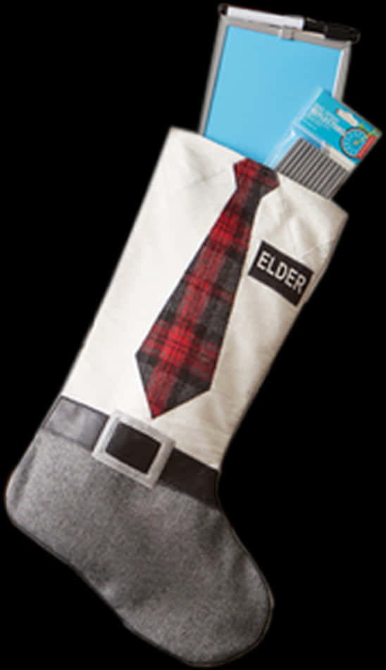 A Christmas Stocking With A Tie And A Card In It