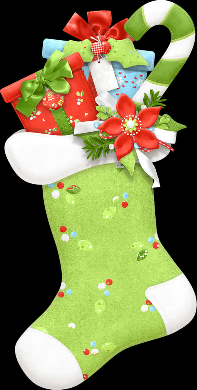 A Green And White Christmas Stocking With Presents