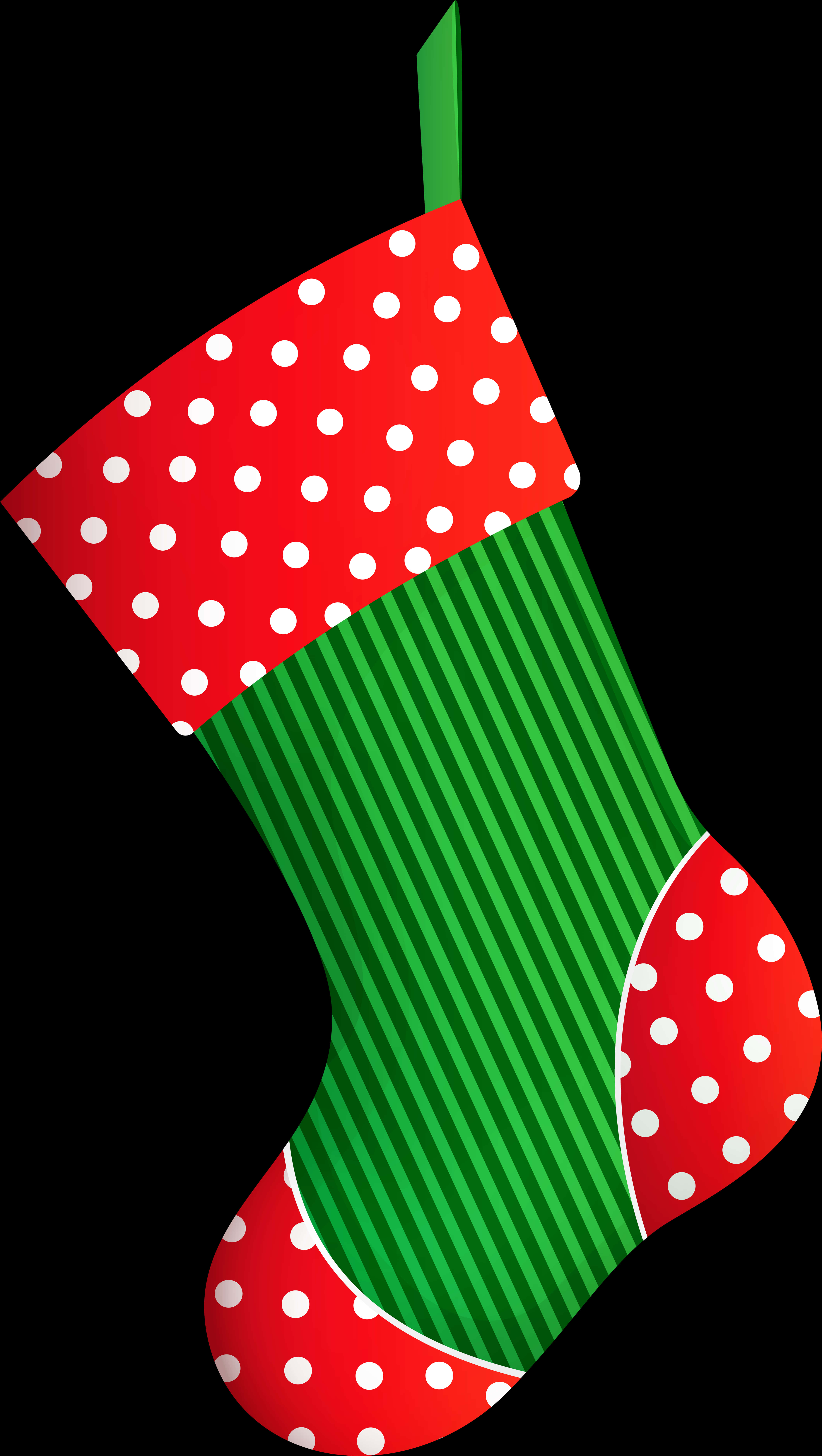 A Green And Red Striped Sock With White Polka Dots