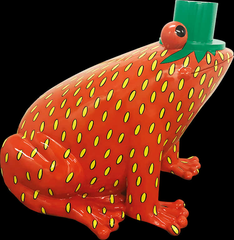 A Red Frog With Yellow Dots And A Green Hat