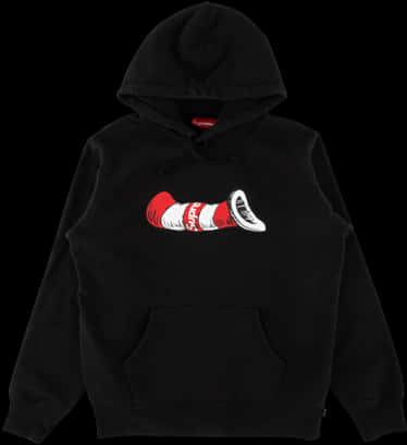 A Black Hoodie With A Red And White Cat In The Hat On It