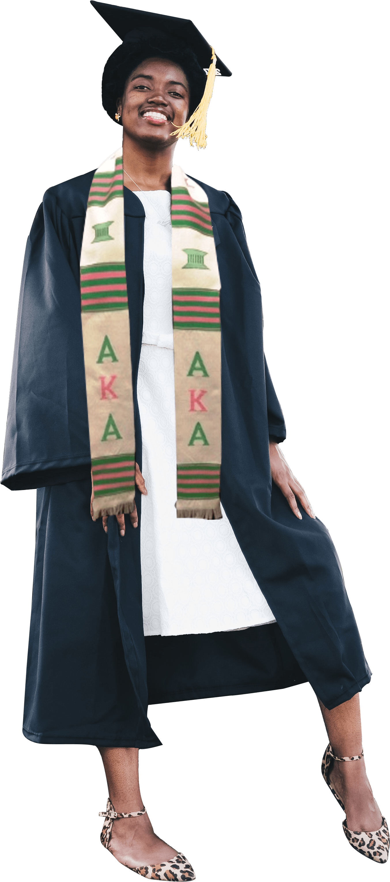 A Woman Wearing A Graduation Gown And A Long Scarf