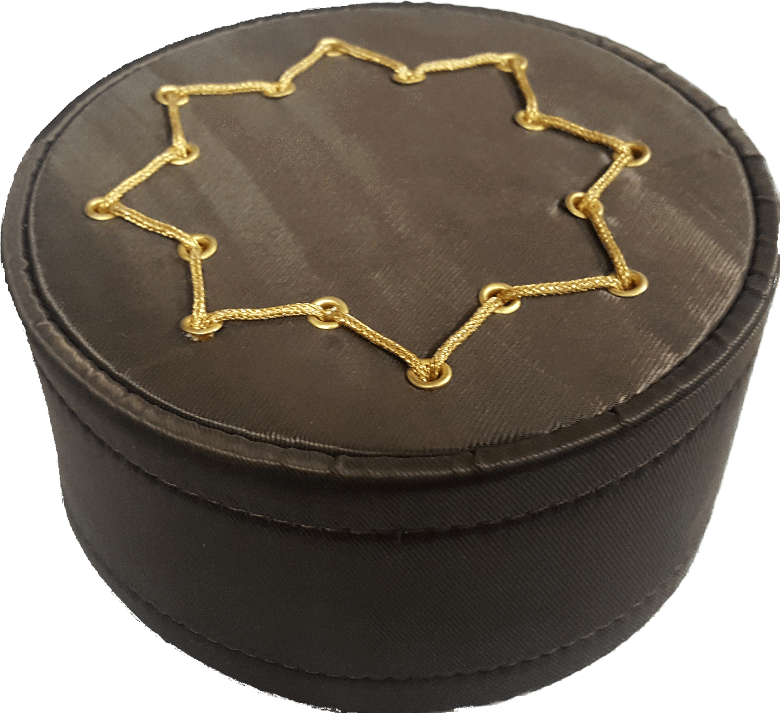 A Round Box With A Gold Star Design