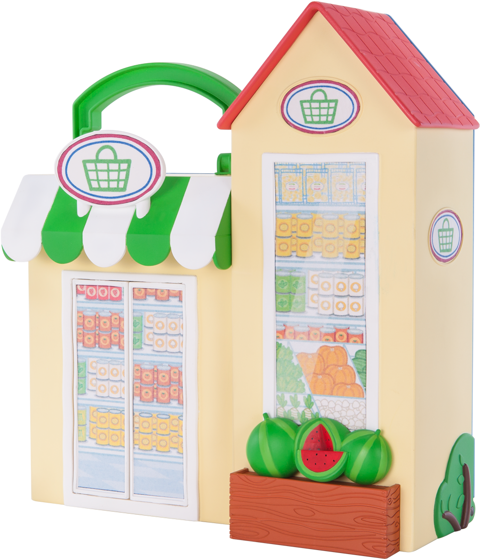 A Toy Store With A Green Awning And A White And Red Roof