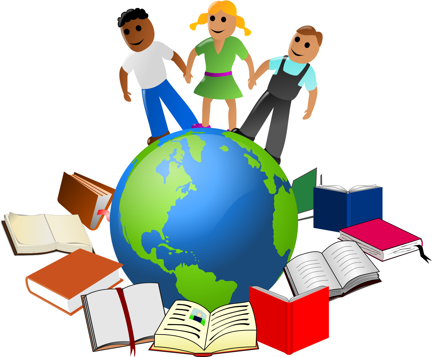 A Group Of Children Standing On Top Of A Globe Surrounded By Books