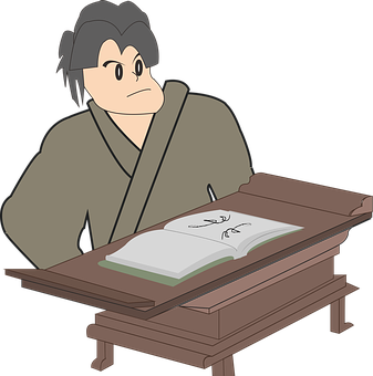 A Cartoon Of A Man Sitting At A Table With A Book