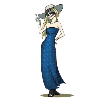 A Cartoon Of A Woman Wearing A Blue Dress And Hat