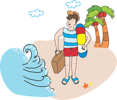 A Cartoon Of A Man Carrying A Surfboard And A Suitcase On A Beach