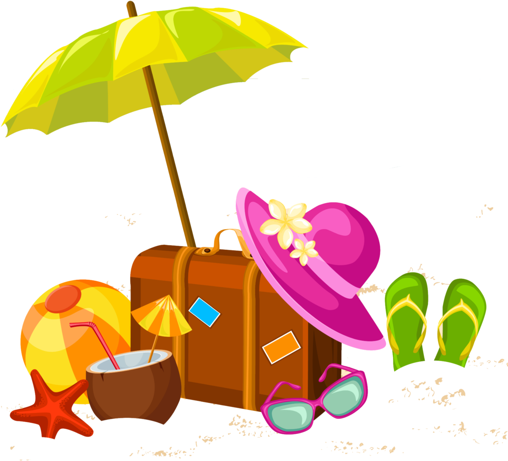 A Suitcase With Umbrella And Sunglasses