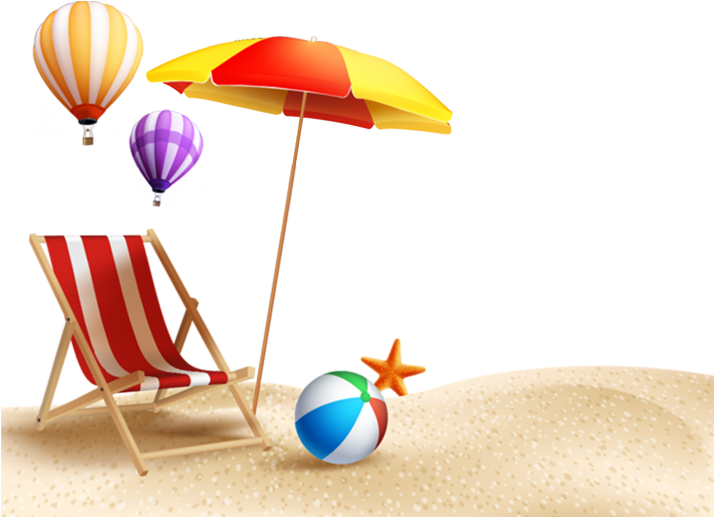 A Beach Chair And Umbrella With Hot Air Balloons And Starfish