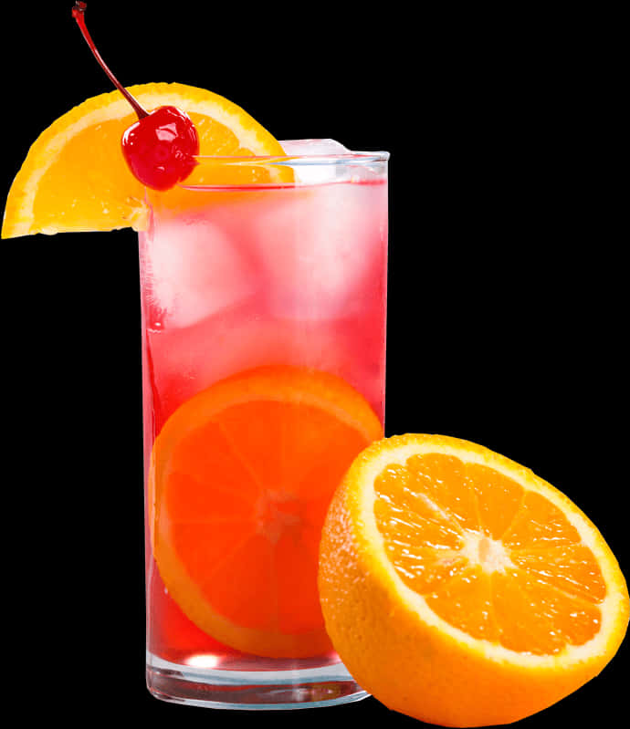 A Glass Of Red Drink With Orange Slices And Cherry On Top