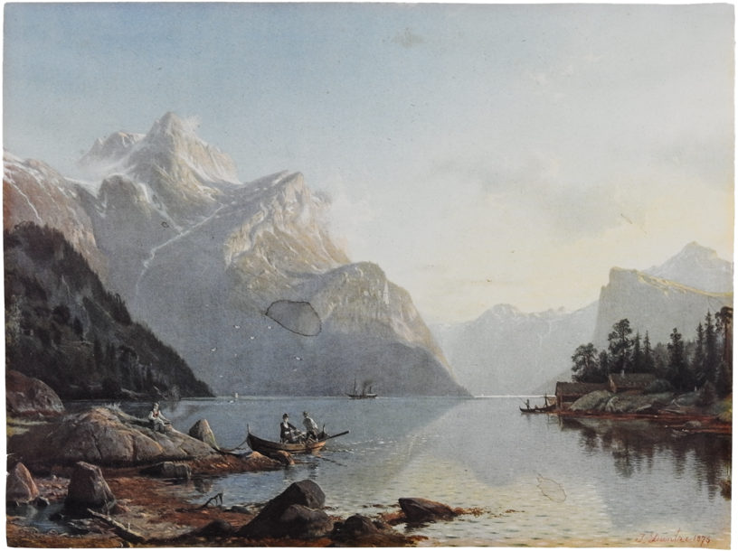 A Painting Of A Lake With Mountains And A Boat