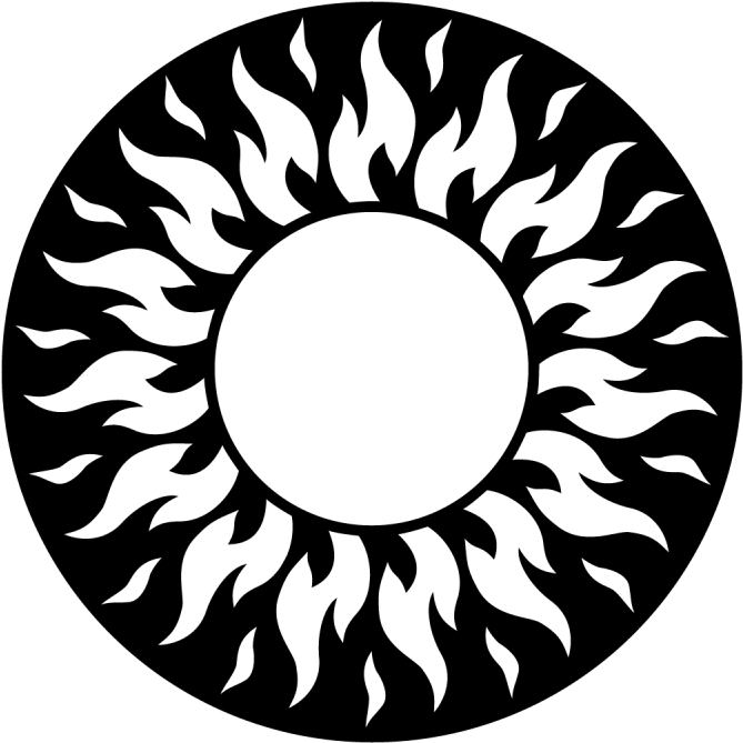A White Circle With Flames In It