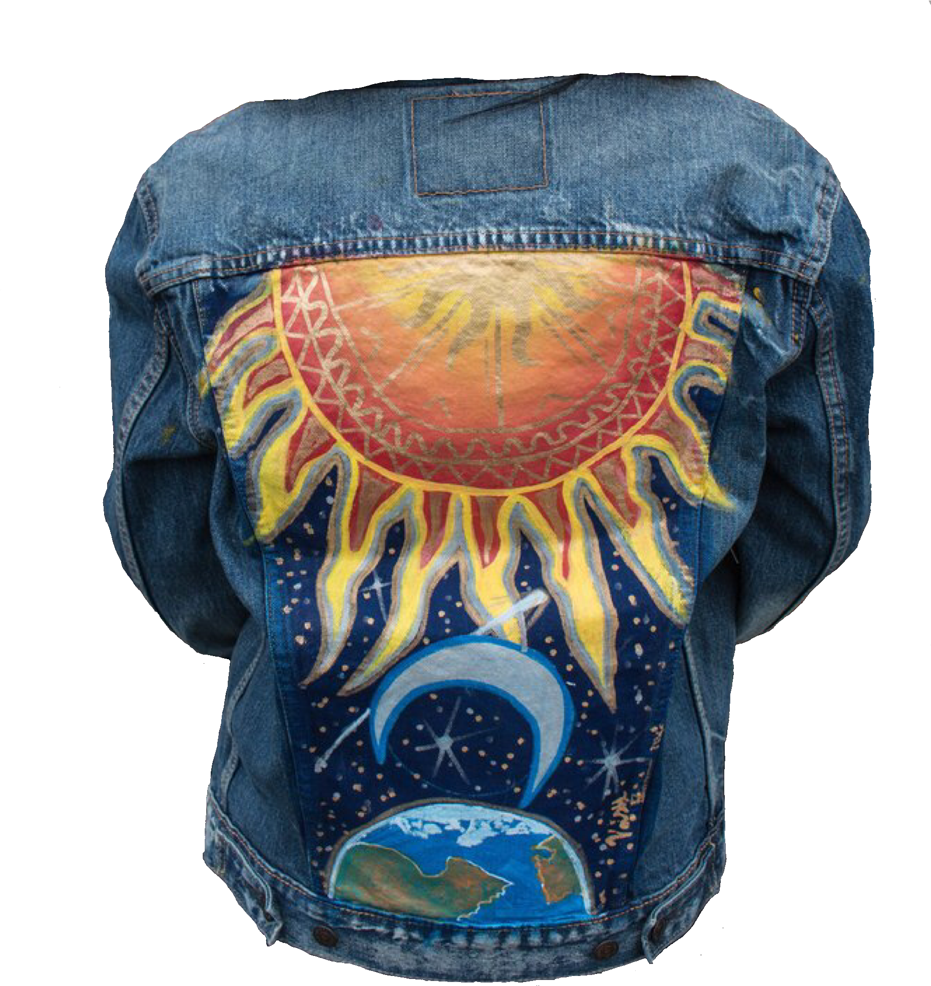 A Back Of A Denim Jacket With A Painted Sun And Earth