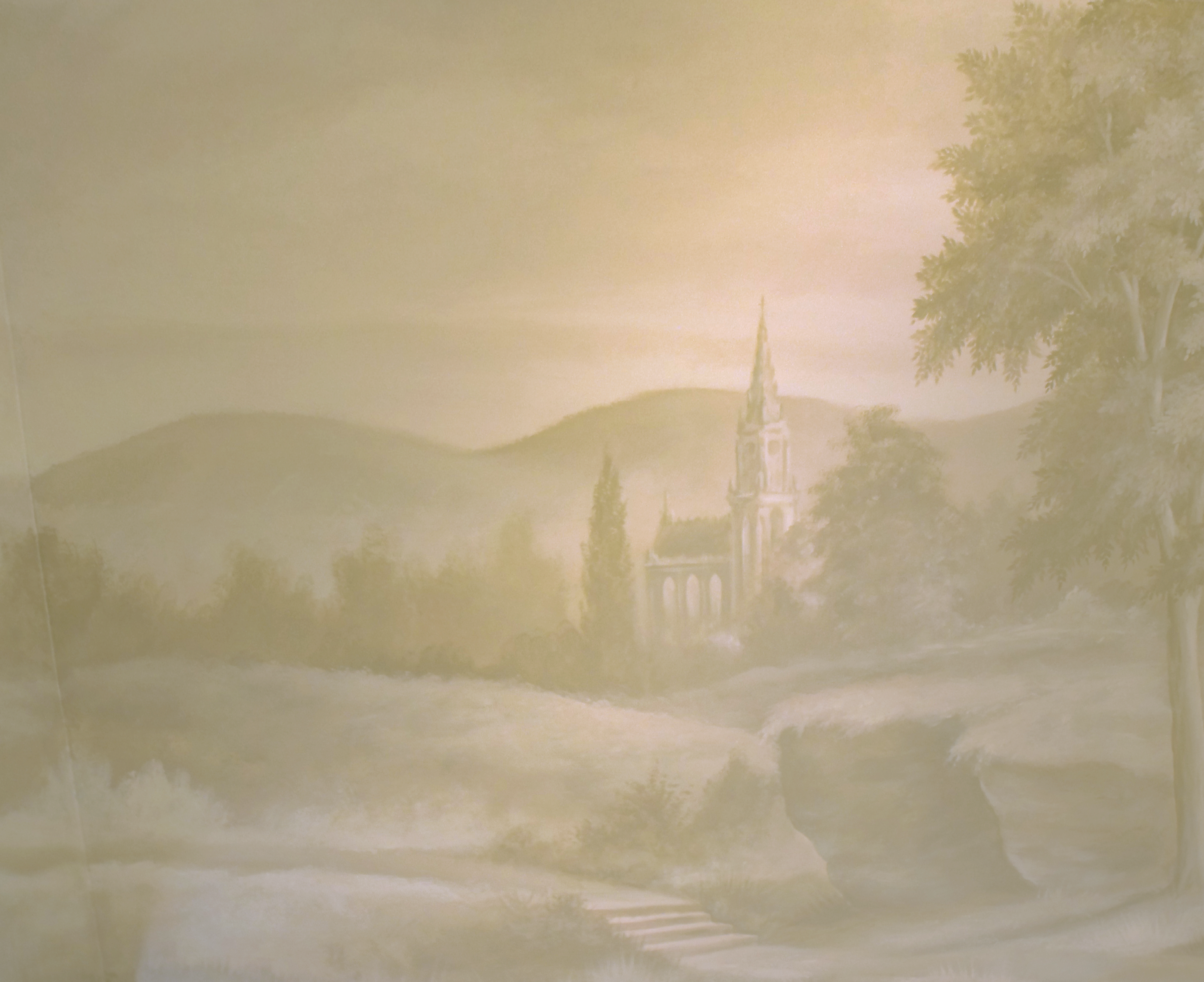 A Painting Of A Church And Trees