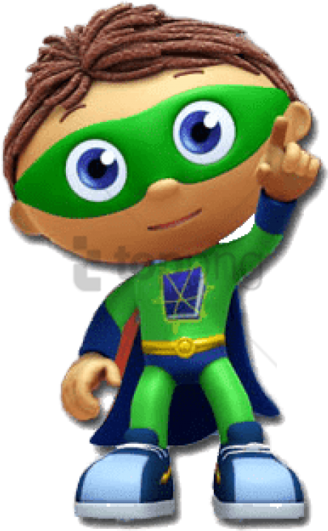 A Cartoon Character Wearing A Green Mask And Cape Pointing Up