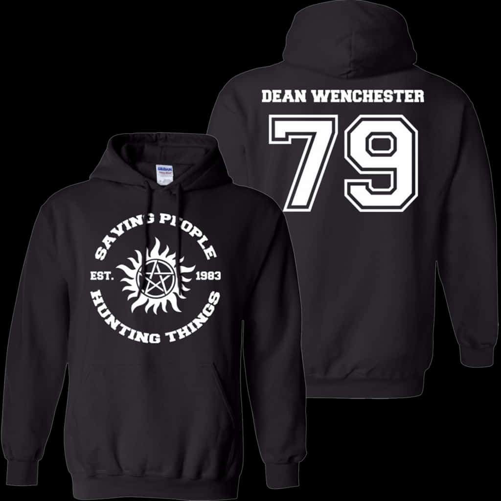 A Black Sweatshirt With White Text And A Star